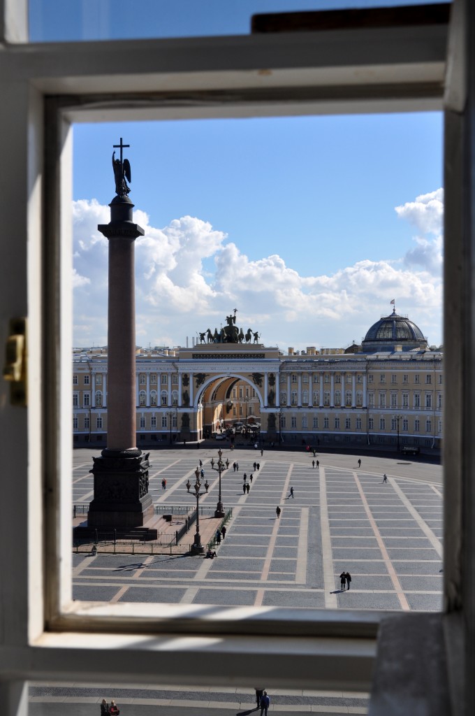 Palace Square and the Alexander Column from inside the Hermitage.