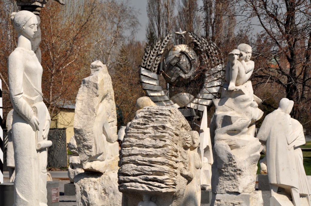 Ancient sculptures and the ever-present hammer and sickle.