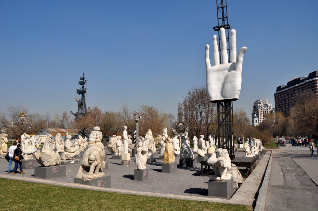 One corner of the park with the controversial Peter the Great monument and Cathedral of Christ the Saviour in the background.